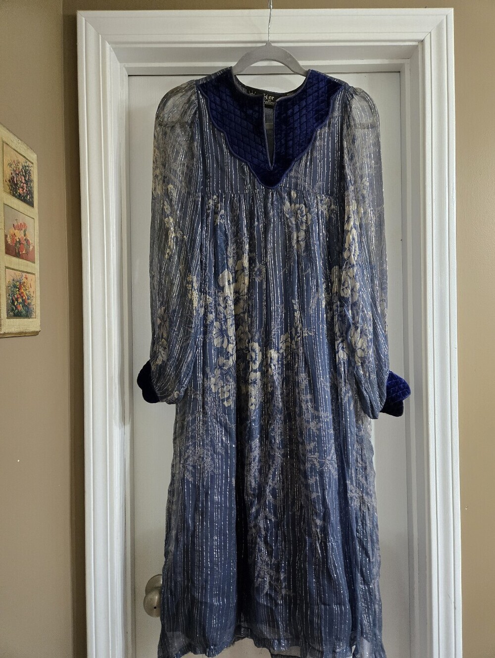 RARE Vintage 1970s Her Excellency Dress Navy/Gold Velvet Neck and Sleeves Size S